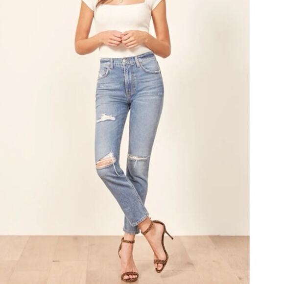 Reformation Julia High Cigarette Jean Antigua Blue Distressed Denim Size 24 - Picture 9 of 9